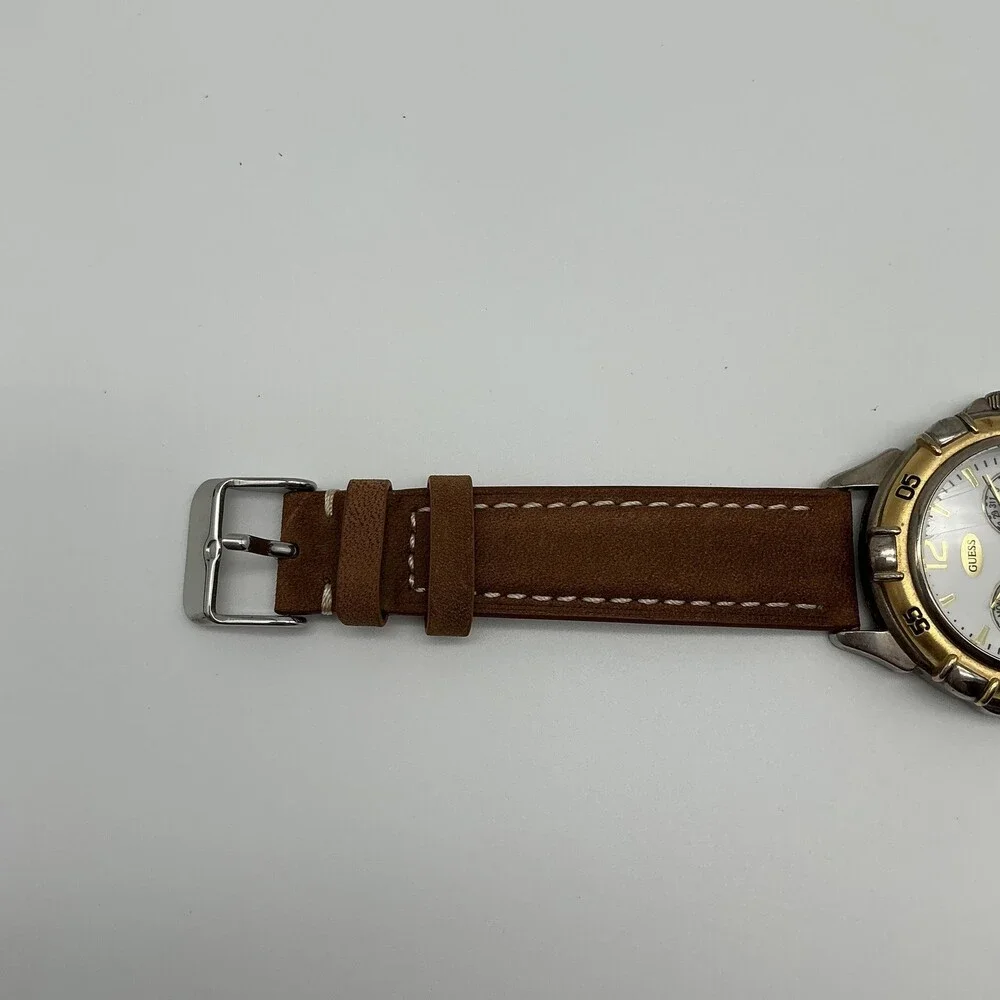 Vintage Guess Mens Watch 38mm White Dial Brown Leather Moonphase New Battery